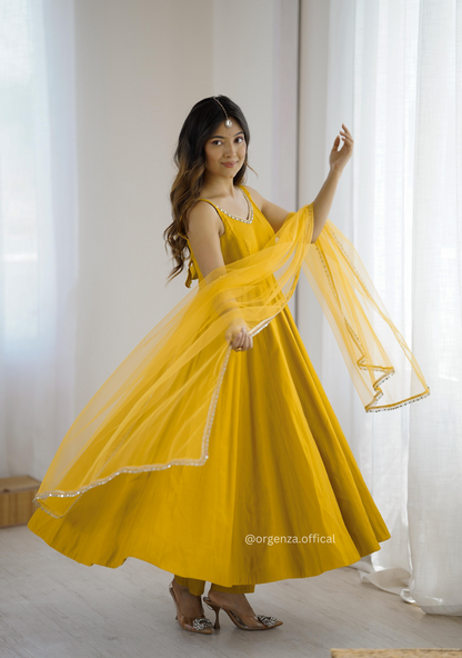 Yellow Colour Roman Silk Chanderi Plain Anarkali Kurti