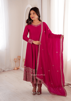 Pure Blooming Vichitra Silk Anarkali Gown Set with Dupatta & Pant - Orgenza Store - digisoch