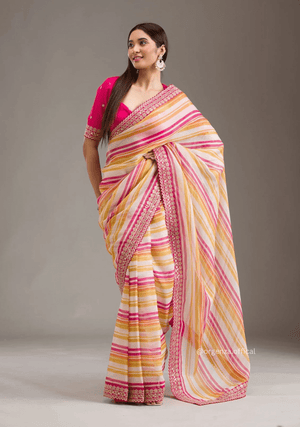 Pink Orange Colour Chinnon Silk Saree With Embroidery Work - Orgenza Store - digisoch