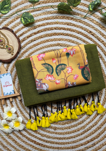Mehendi Green Cotton Saree With Yellow Print Blouse