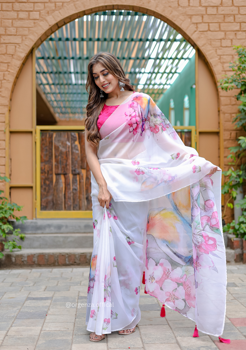 White Colour Flower Digital Print Saree