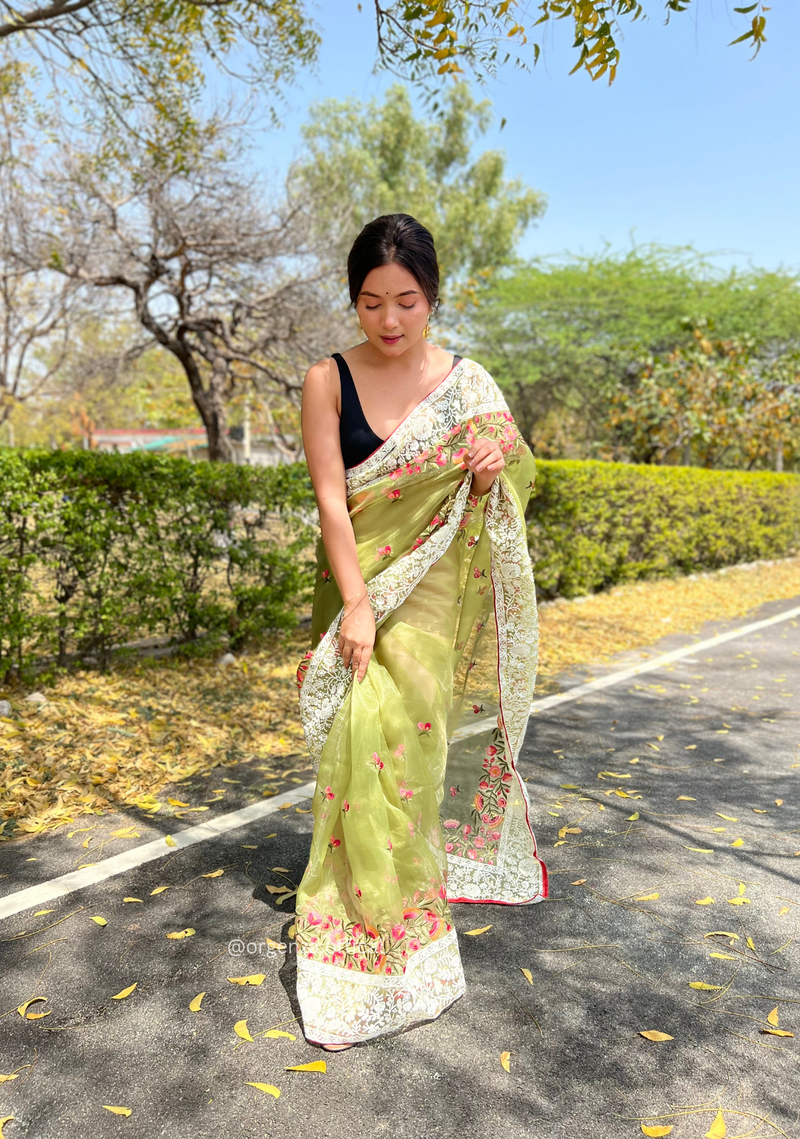 Green Organza Saree With Chikankari Work