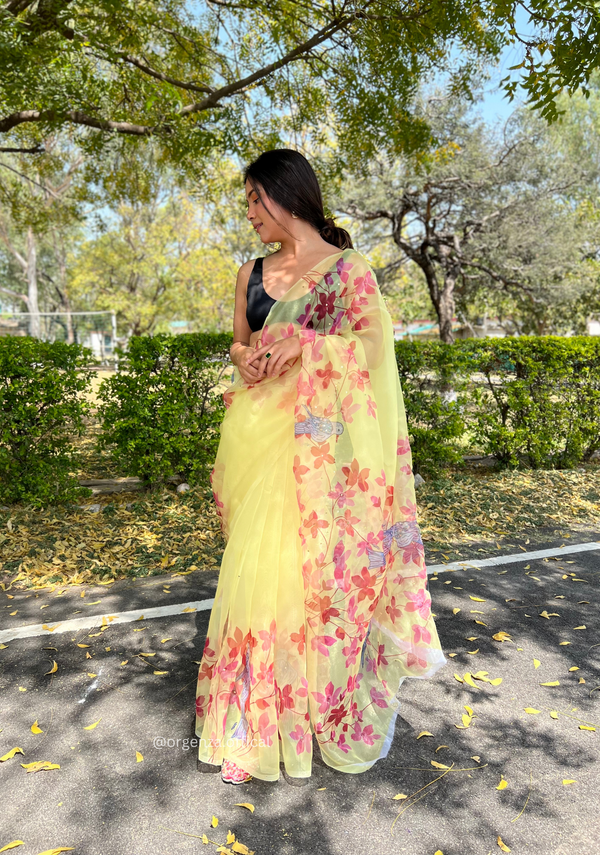 Yellow Digital Print Saree With Handwork