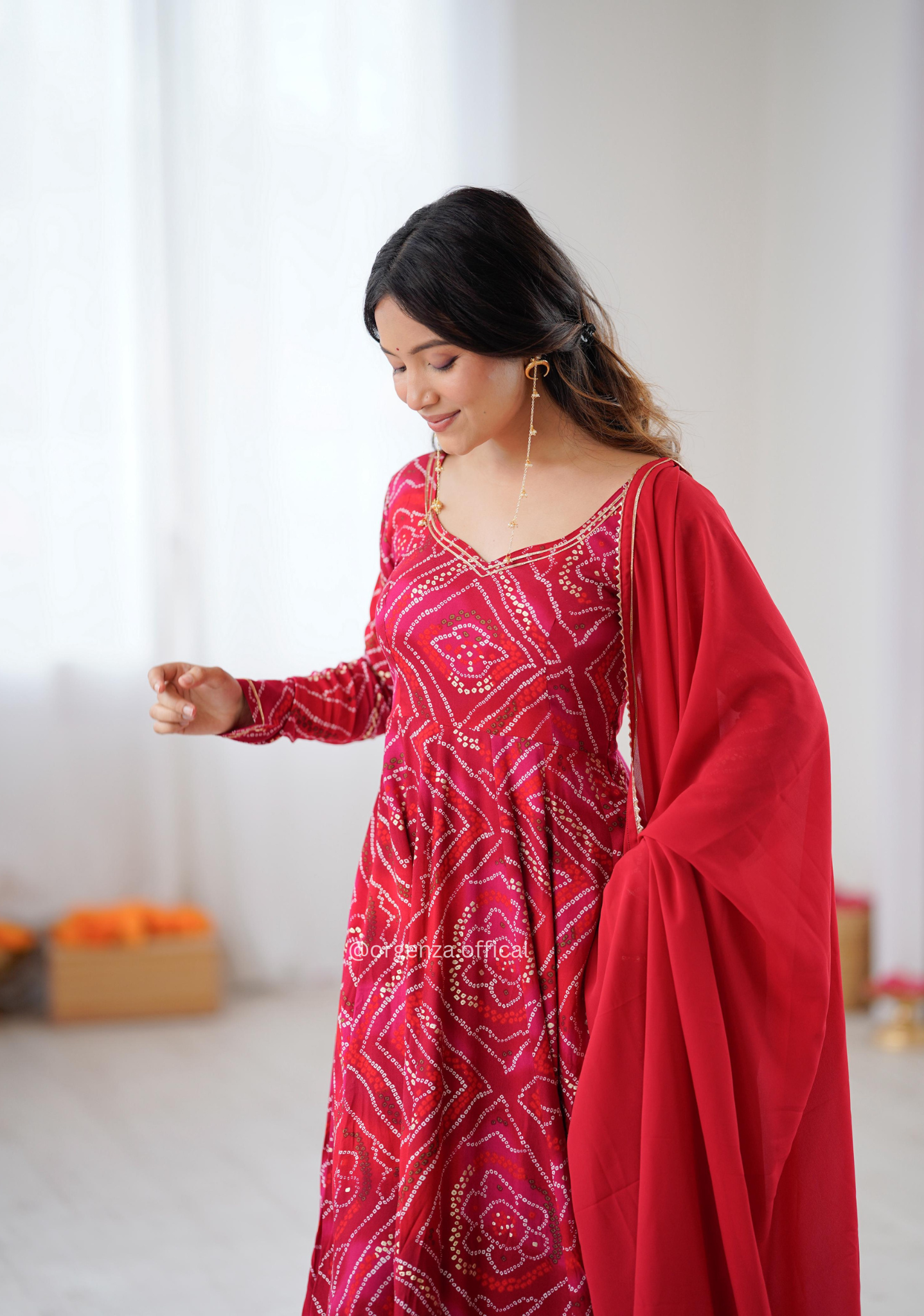 Pure Rayon Bandhani Gown Set with Dupatta & Pant | Women’s Party Wear