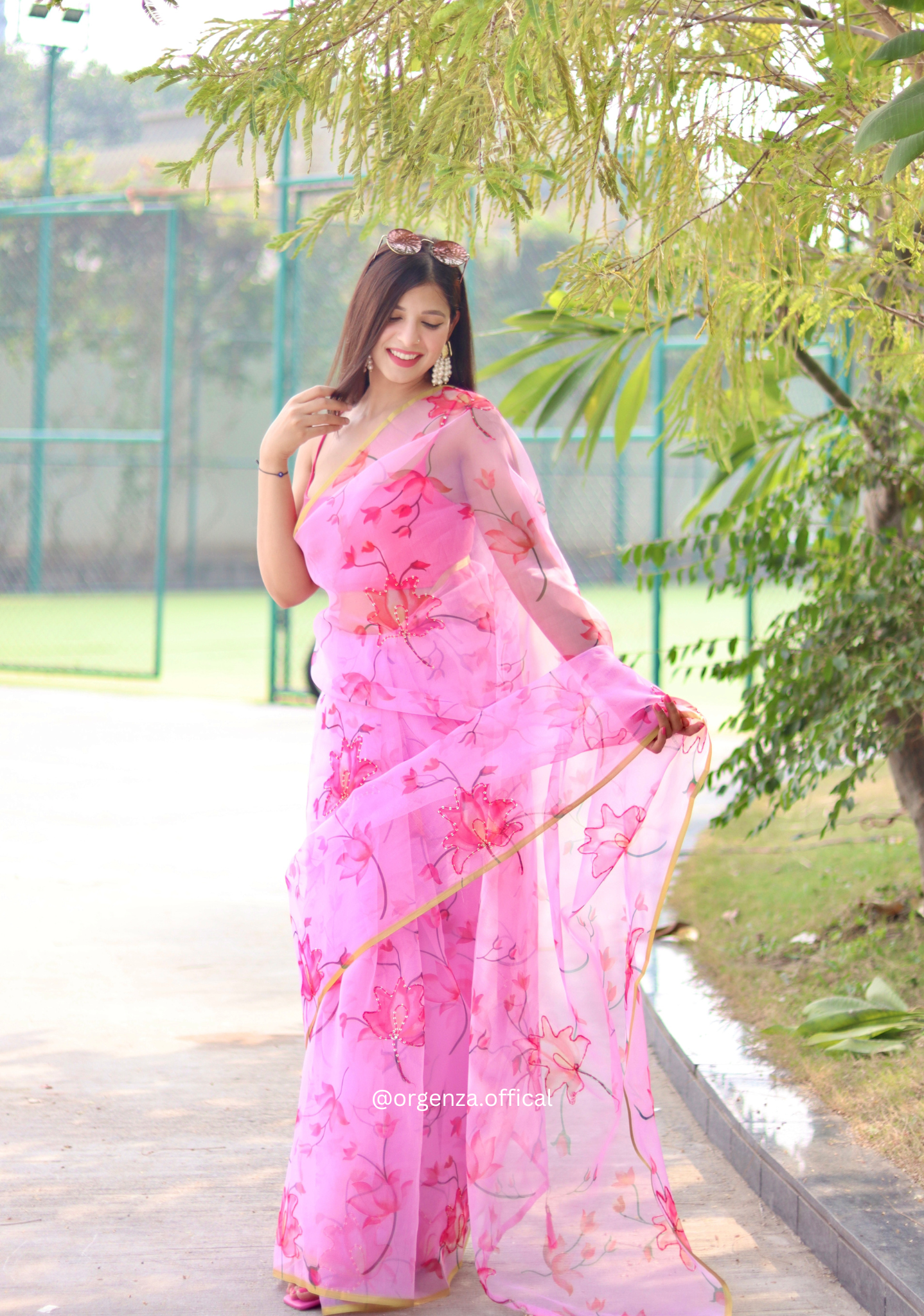 Organza Silk Saree With Floral Thread Work - Orgenza Store