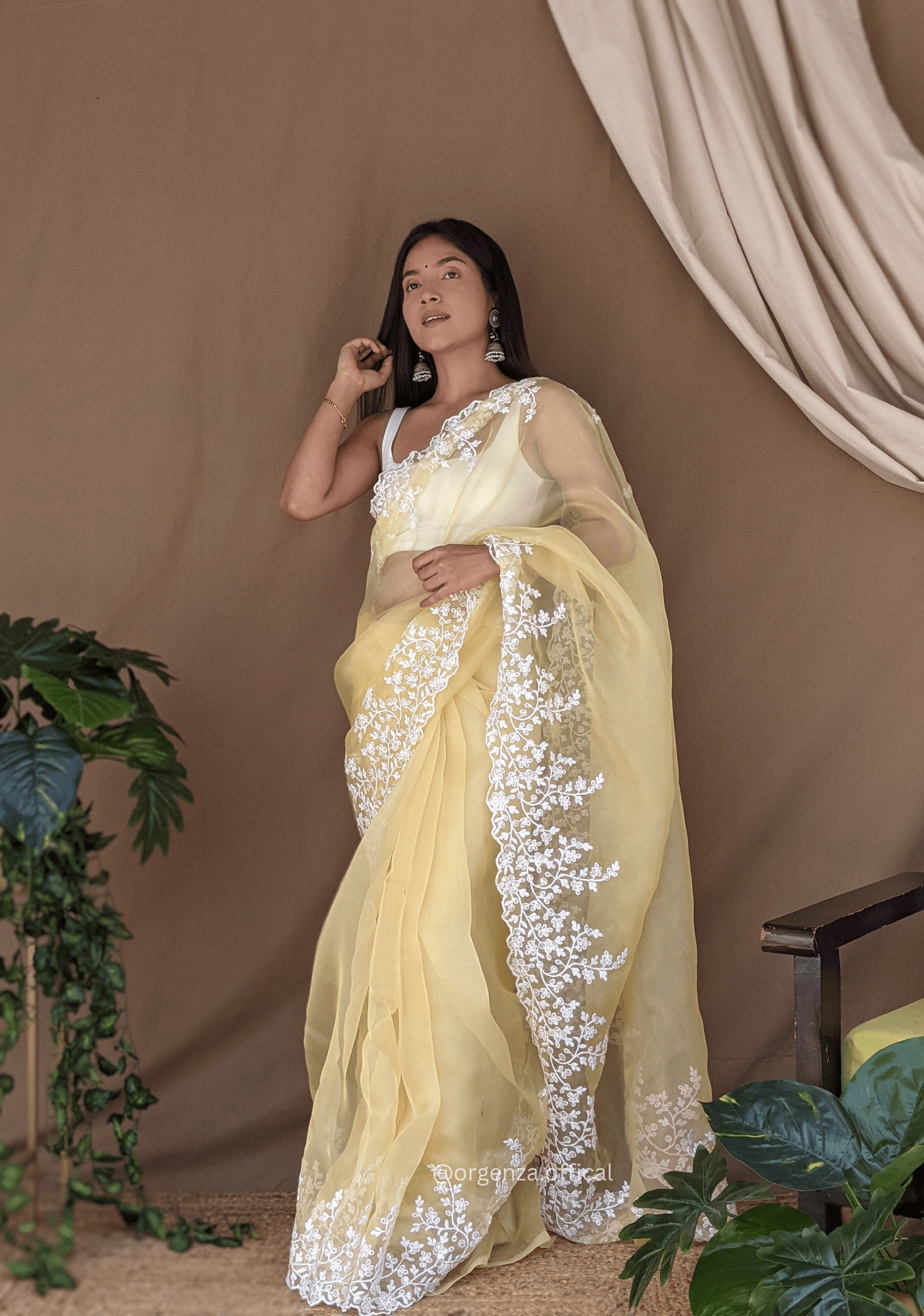 Organza Light Yellow Color Pure Organza Silk And Flower Embroidery Work - Orgenza Store - digisoch