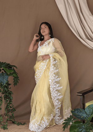 Organza Light Yellow Color Pure Organza Silk And Flower Embroidery Work - Orgenza Store - digisoch