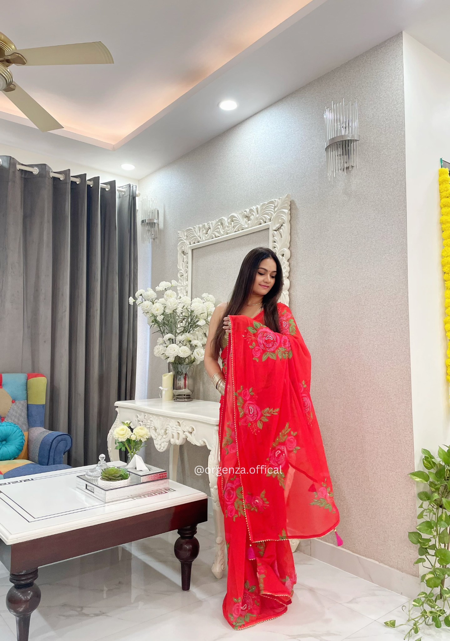 Georgette Silk Saree With Floral Hand Work - Orgenza Store