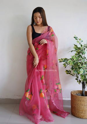 Peach Hand Print Organza Saree - Orgenza Store