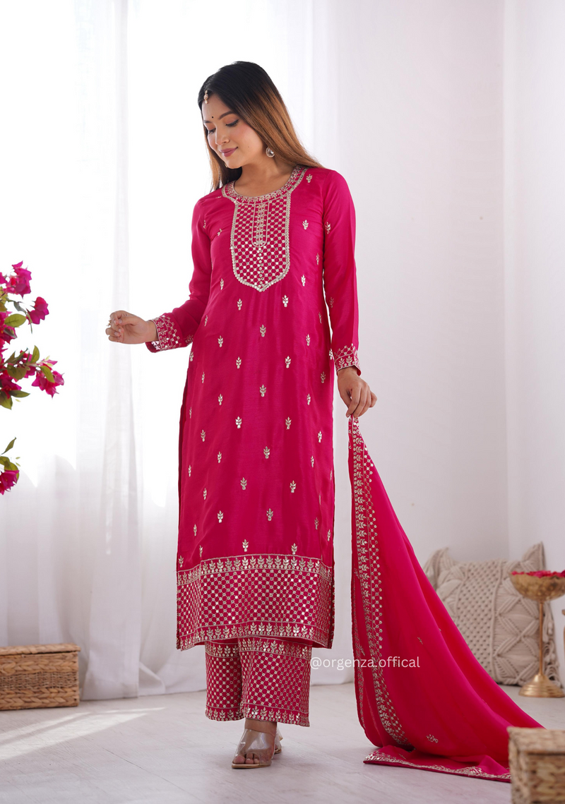 Chinon Silk Fabric Straight Fit Kurta With Dupatta Set
