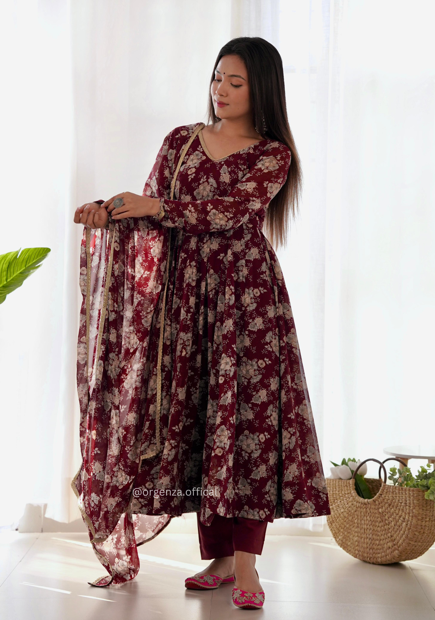 Dark Marron Floral Georgette With Dupatta Set - Orgenza Store