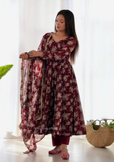 Dark Marron Floral Organza With Dupatta Set