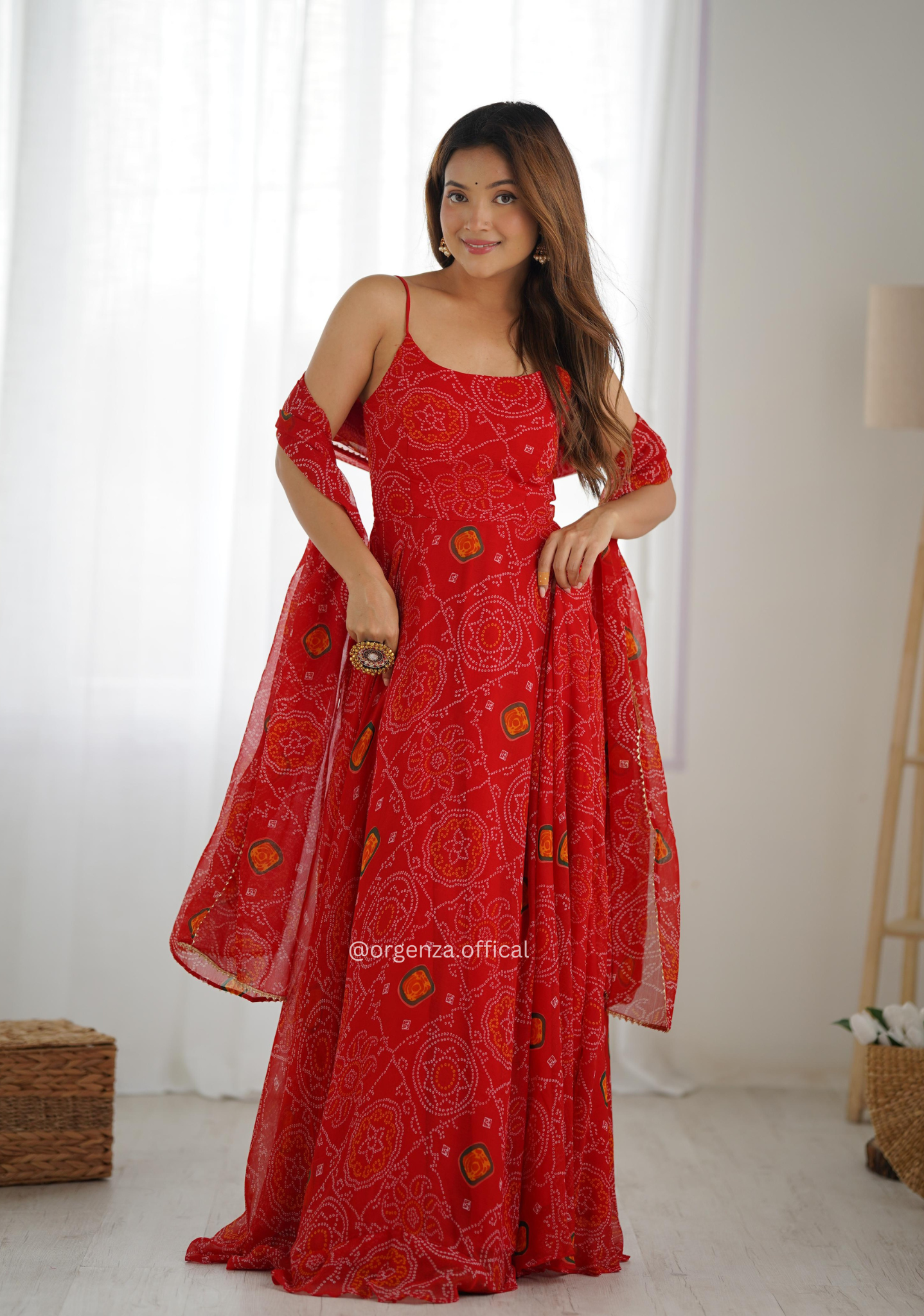 Soft Chiffon Bandhej 8-Meter Flare Gown Set – Fully Stitched