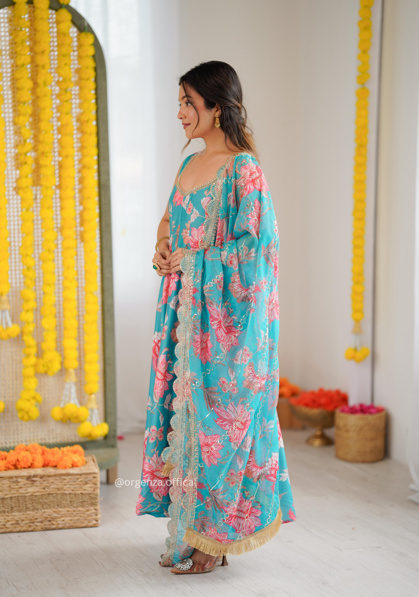 Rama Blue Colour Muslin Floral Print Anarkali Kurtis