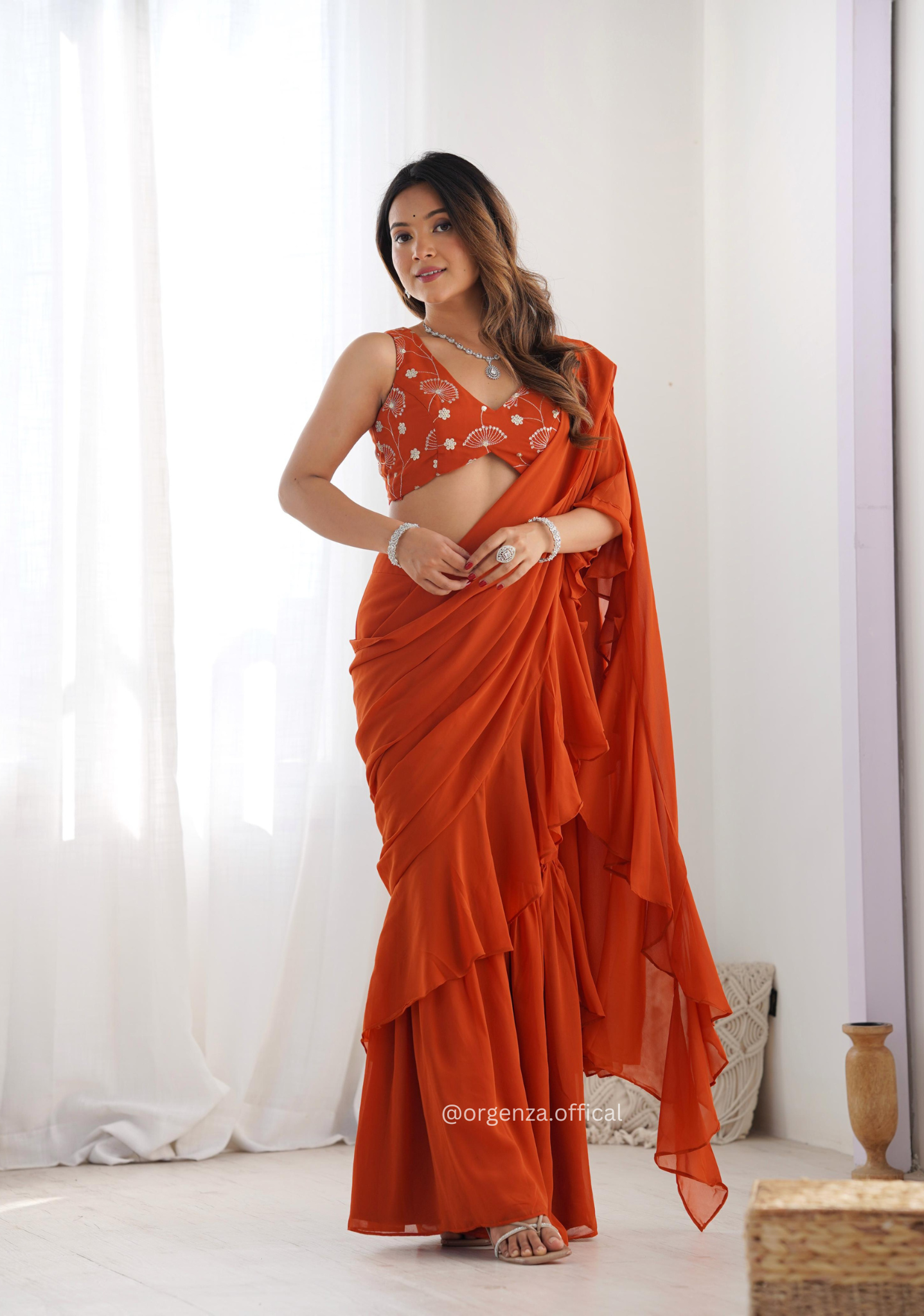Ready To Wear Rust Colour Sharara Saree - Orgenza Store