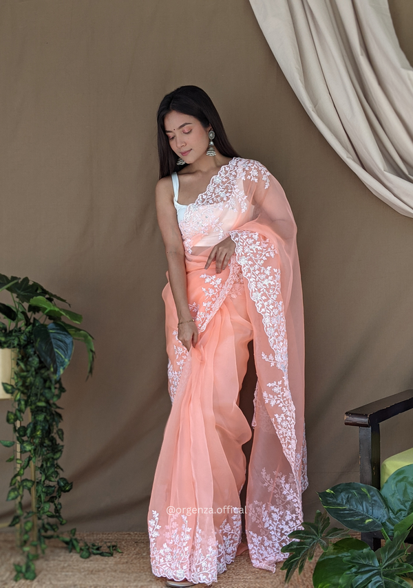 Organza Light Peach Color Pure Organza Silk And Flower Embroidery Work