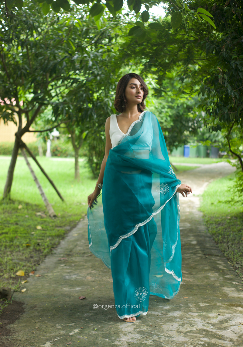 C Green Colour Organza Saree With Hand Work