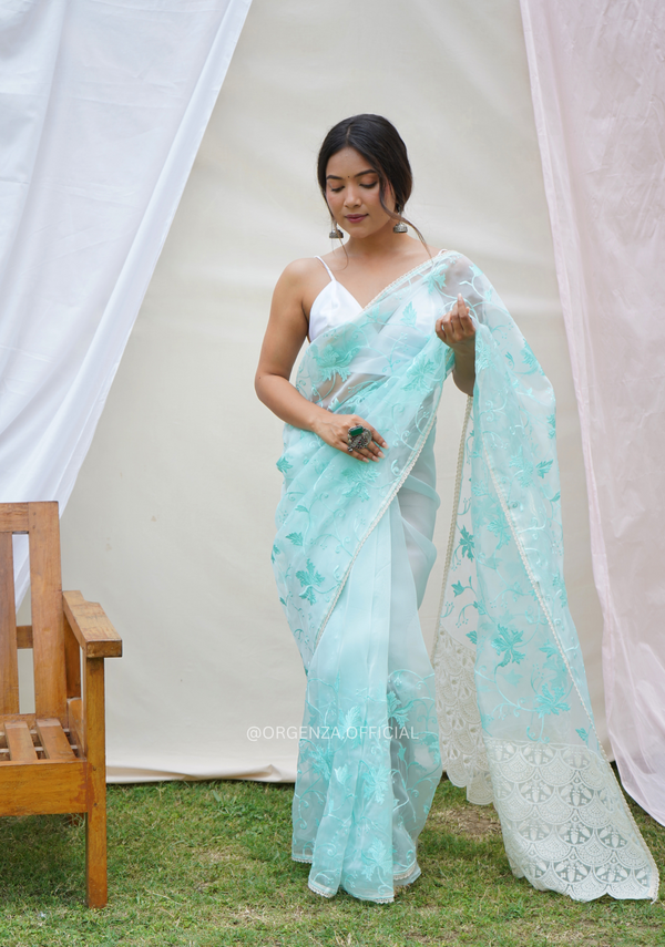 Light Teal Organza Saree With Embroidery Work