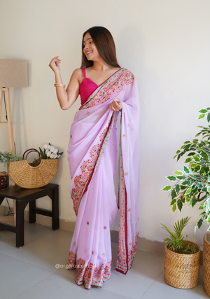 Lilac Color Georgette Silk Saree With Embroidery Work - Orgenza Store