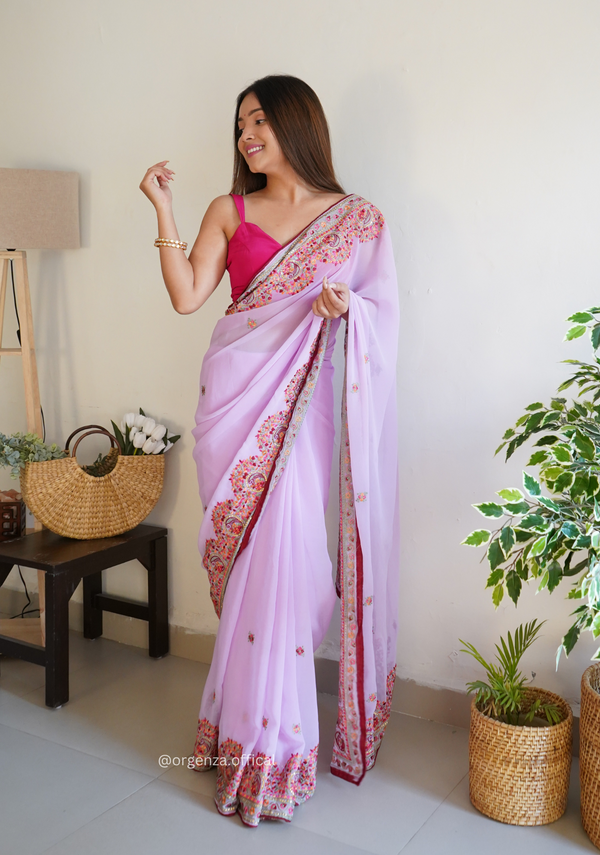 Lilac Color Georgette Silk Saree With Embroidery Work