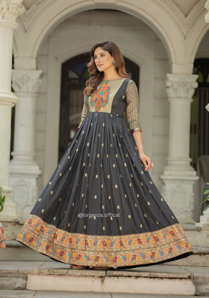 Designer Soft Silk Zari Work Flared Gown for Women