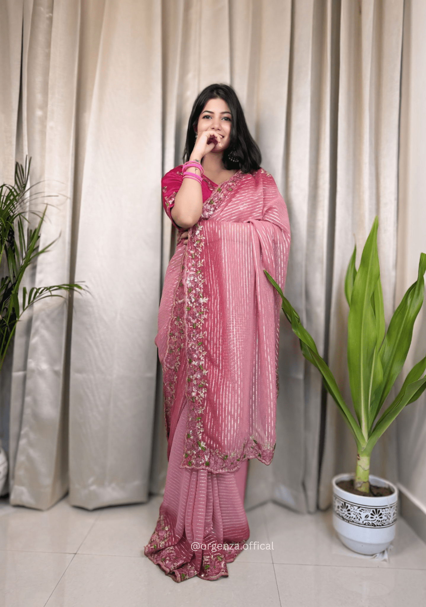 Pink Georgette Saree With Silver Weaving Lining - Orgenza Store - digisoch