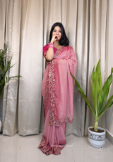 Pink Georgette Saree With Silver Weaving Lining