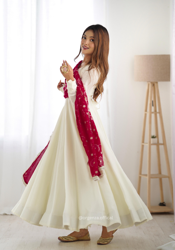 Off White Colour Vichitra Silk Anarkali Kurti