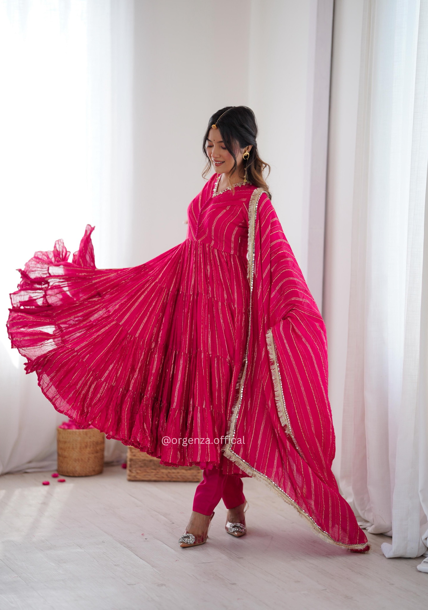 Mal Chanderi Mirror Work Ruffle Gown Set with Dupatta – Fully Stitched