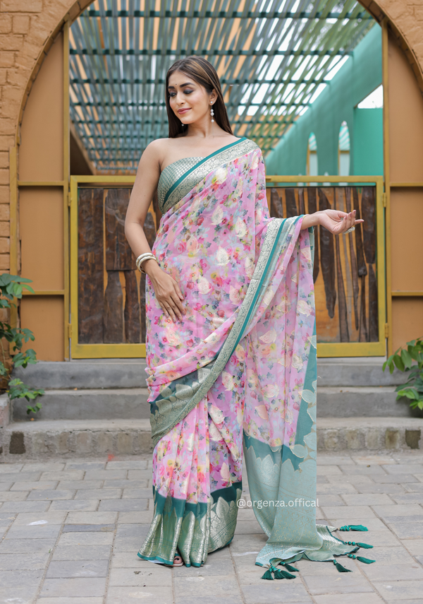 Baby Pink Georgette Saree With Viscose Border