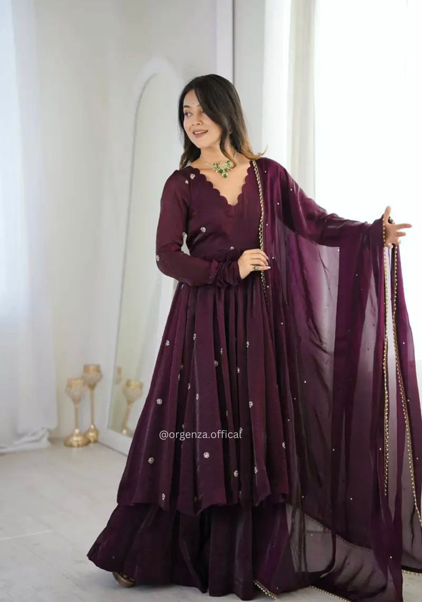 Elegant Embroidered Sequin Anarkali Suit Set in Crunchy Silk with Moti Dupatta – Ready to Wear