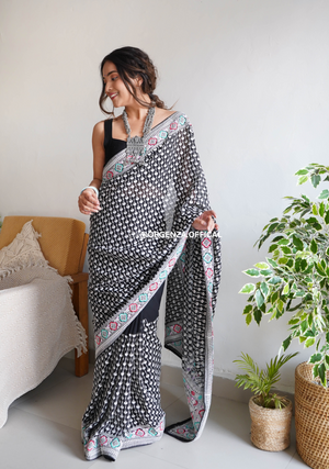 Black Pure Georgette Silk Saree With Embroidery Work - Orgenza Store