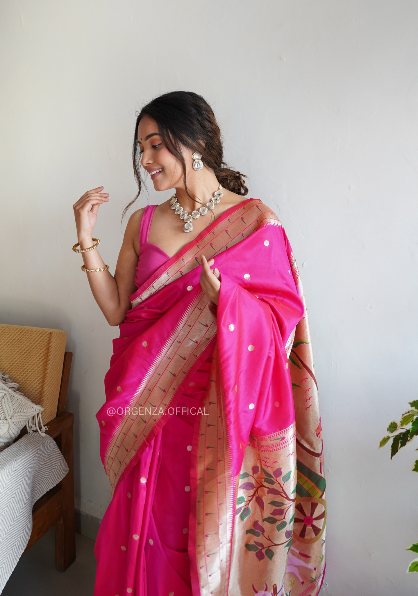 Pure Pink Paithani Silk Saree With Zari Weaving - Orgenza Store