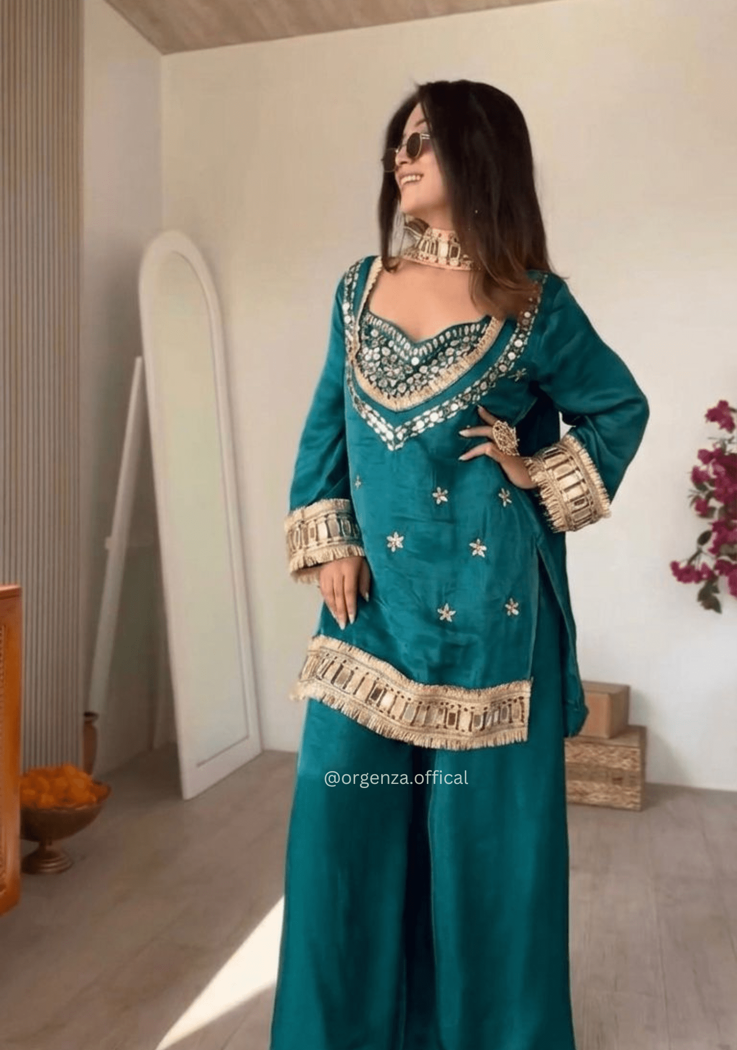 Fendy Silk Mirror Work Sharara Suit Set | Designer Ethnic Wear for Women | Ready to Wear - Orgenza Store