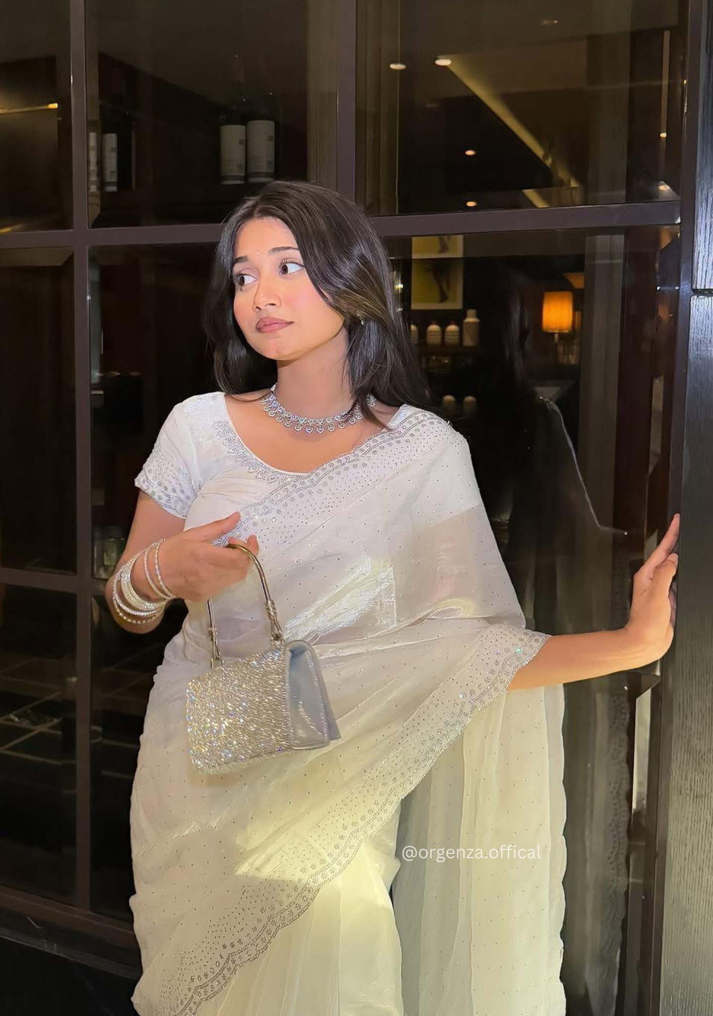 White Colour Burburry Saree With Crystel Diamond Work - Orgenza Store