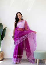 Lavender Colour Embroidery Thread Work Saree