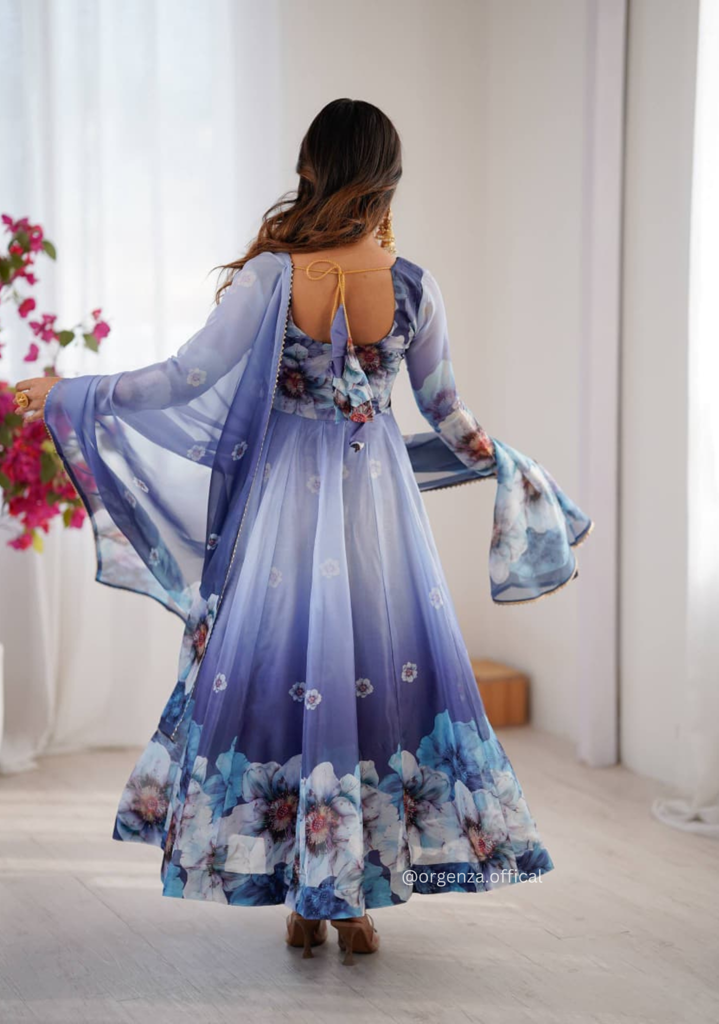 Grey Colour Organza Silk Digital Print Anarkali Kurtis