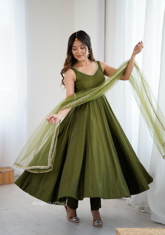 Green Colour Roman Silk Chanderi Anarkali Kurti