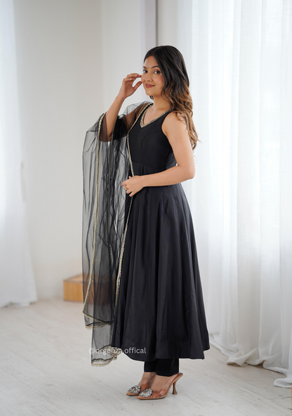 Black Colour Roman Silk Chanderi Plain Anarkali Kurti