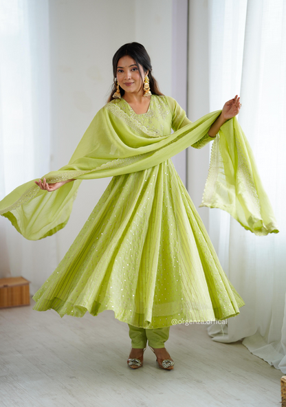 Pista Green Colour Crunchy Silk Anarkali Kurti