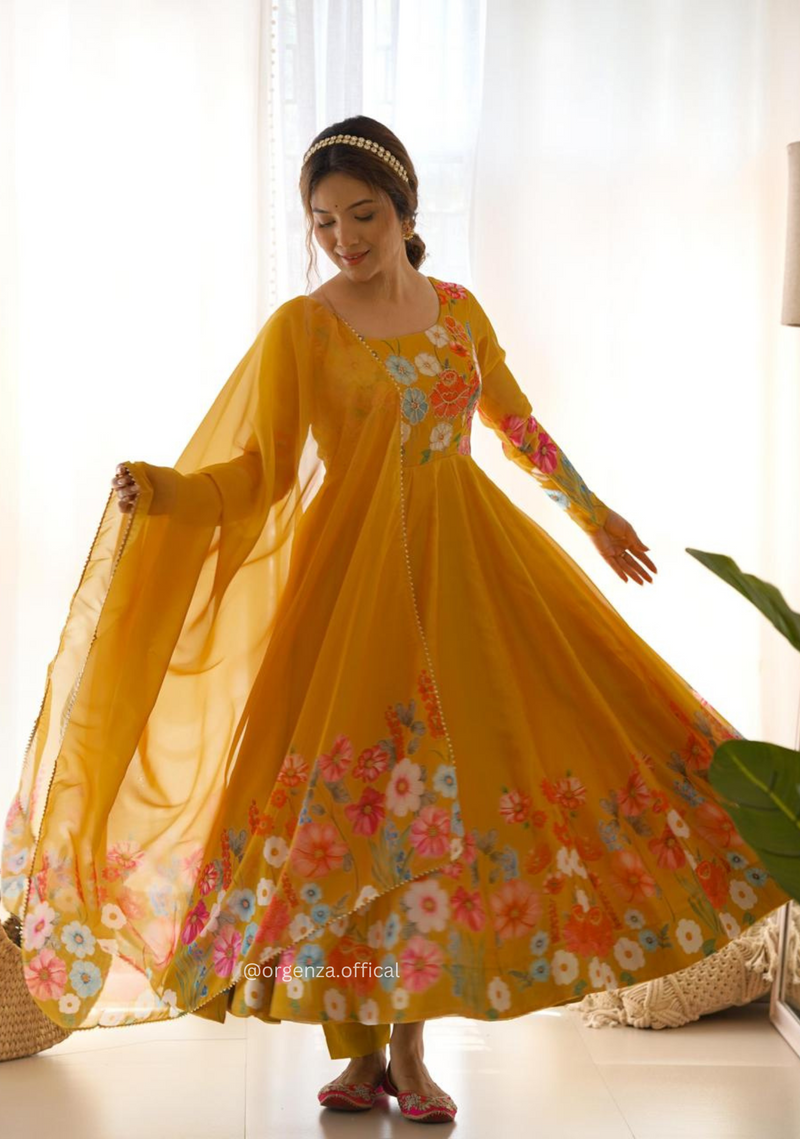 Floral Organza Anarkali With Dupatta And Pant