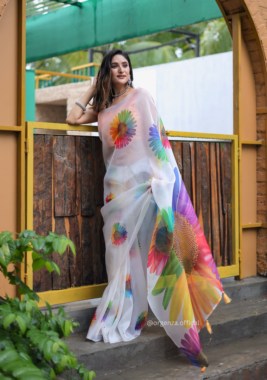 White Colour Multi Digital Print Saree - Orgenza Store