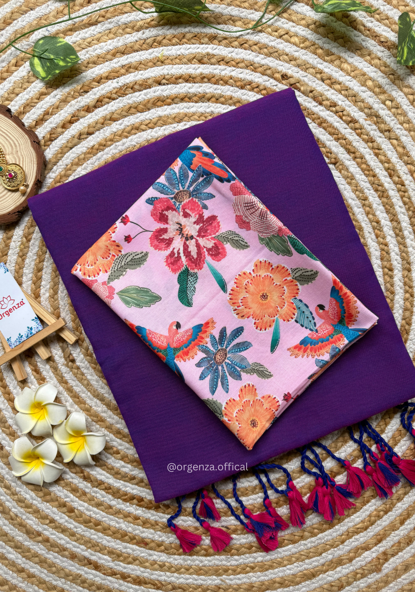 Purple Colour Cotton Saree With Flower Print Blouse