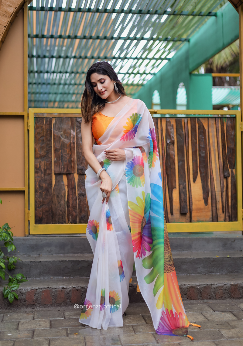 White Colour Multi Digital Print Saree