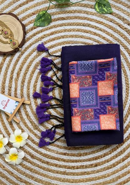 Purple Colour Cotton Saree With Box Print Blouse