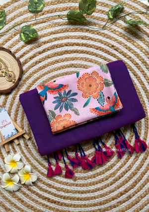 Purple Colour Cotton Saree With Flower Print Blouse - Orgenza Store - digisoch