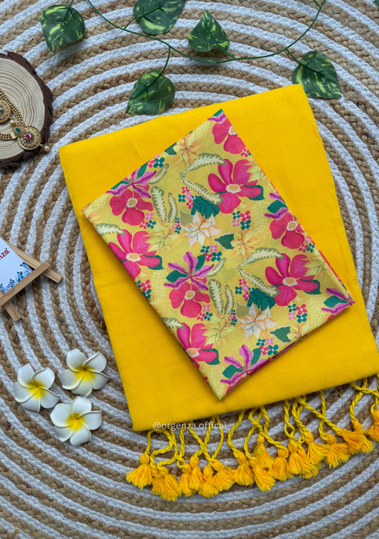 Yellow Colour Cotton Saree With Pink Flower Print Blouse