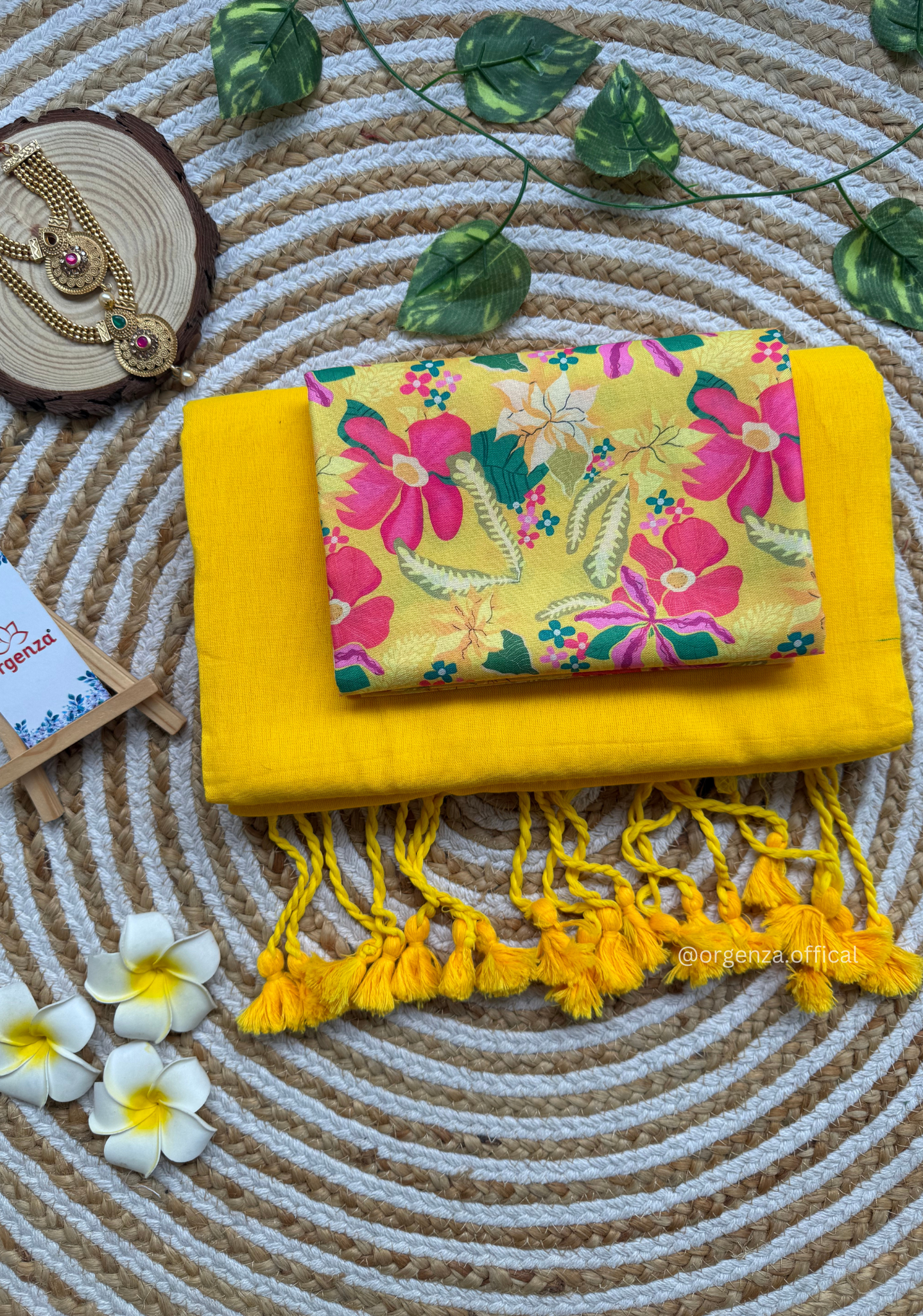Yellow Colour Cotton Saree With Pink Flower Print Blouse