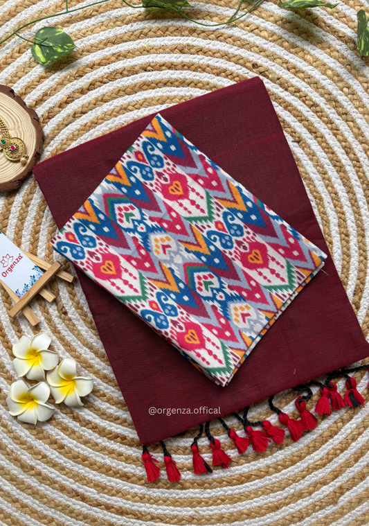 Maroon Colour Cotton Saree With Multi Print Blouse