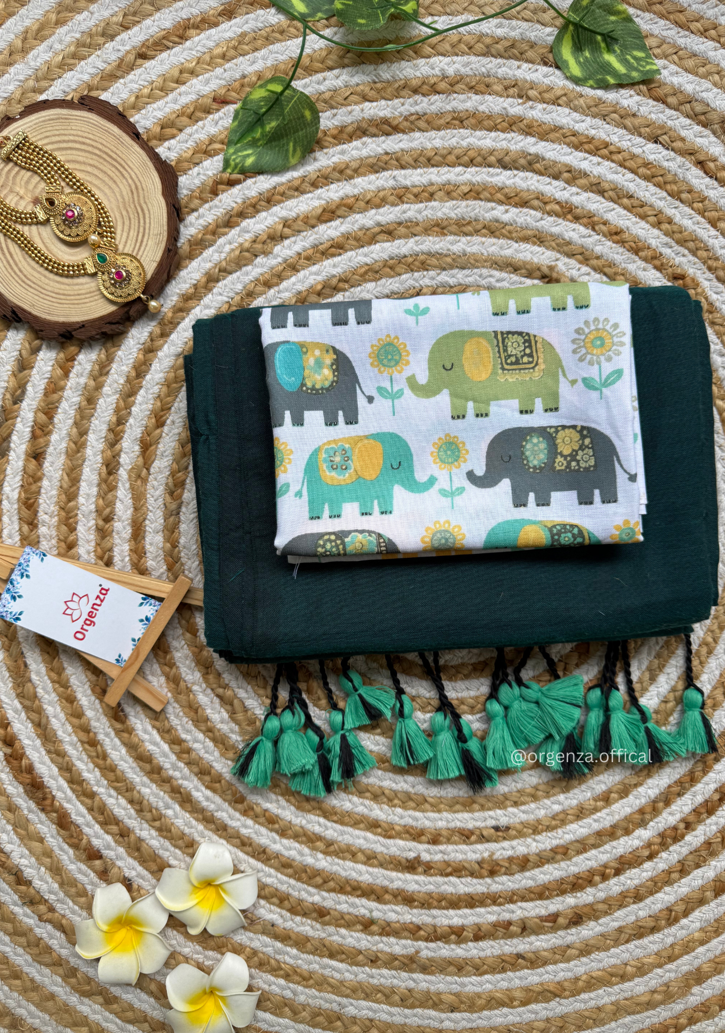 Rama Green Colour Cotton Saree With Baby Elephant Print Blouse